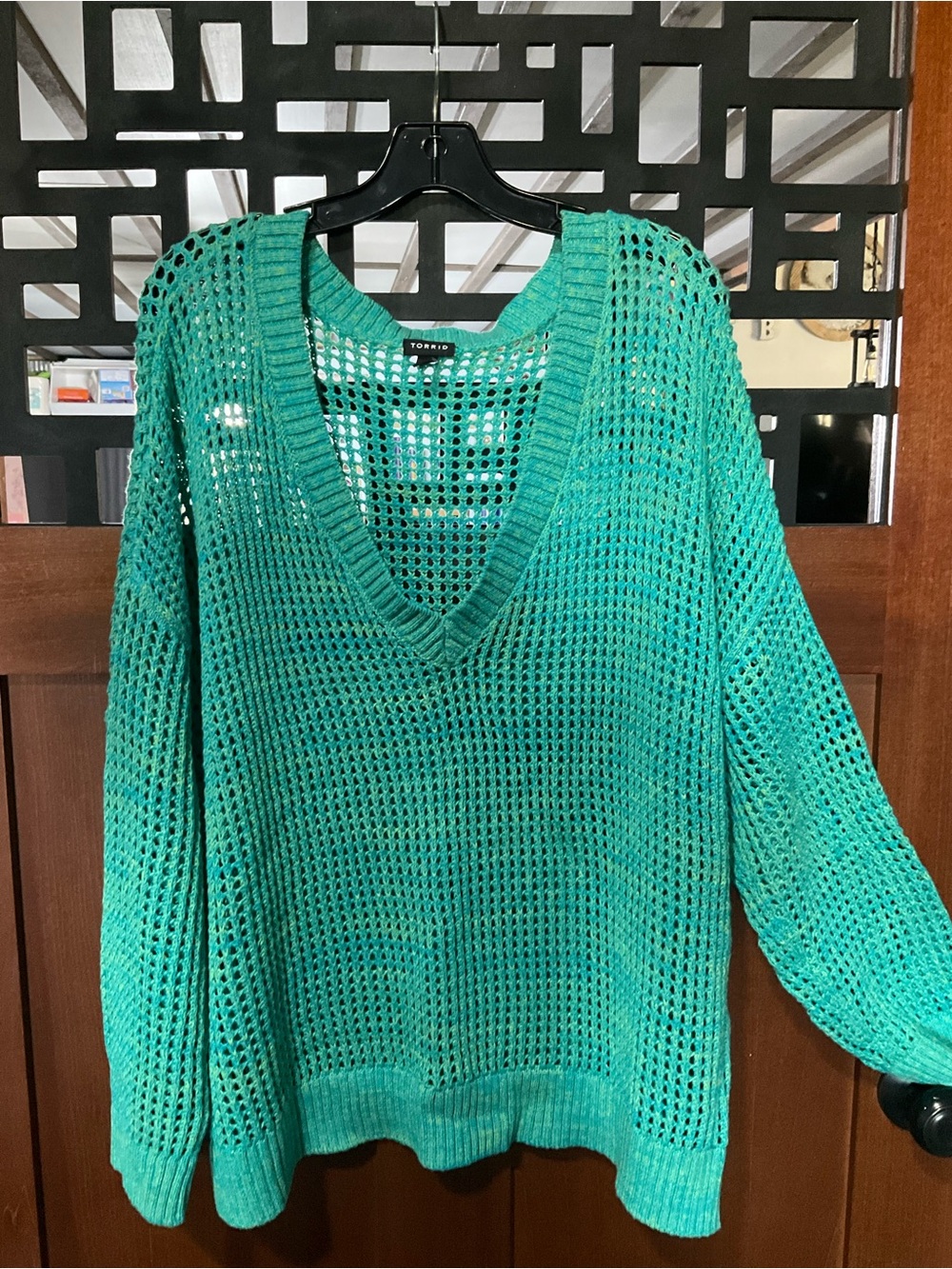 torrid Teal Open-Knit V-Neck Sweater